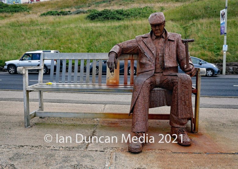 Freddie Gilroy and the Belsen Stragglers statue in Scarborough's North Bay in North Yorkshire by artist Ray Lonsdale. Photo: Ian Duncan.