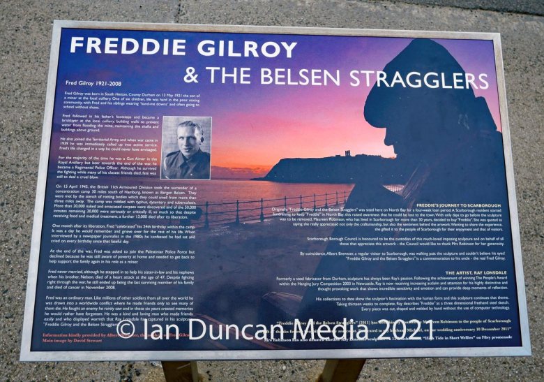 Freddie Gilroy and the Belsen Stragglers statue in Scarborough's North Bay in North Yorkshire by artist Ray Lonsdale. Photo: Ian Duncan.