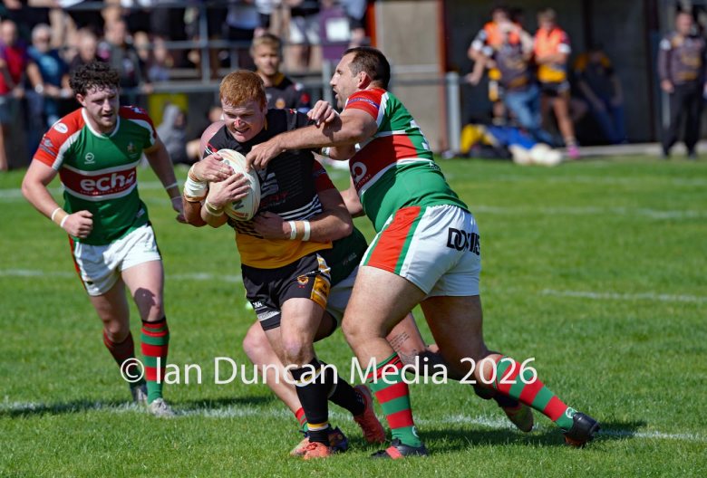 Wath Brow Hornets (in black) v Waterhead Warriors (in green) in the National Premier Rugby League at Giel Park in the Wath Brow area of Cleator Moor in Cumbria... Picture: Ian Duncan.