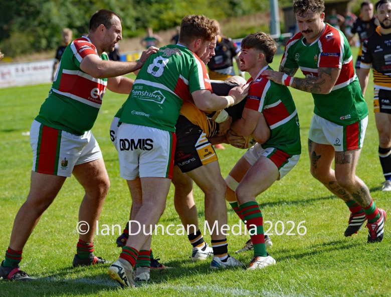Wath Brow Hornets (in black) v Waterhead Warriors (in green) in the National Premier Rugby League at Giel Park in the Wath Brow area of Cleator Moor in Cumbria... Picture: Ian Duncan.
