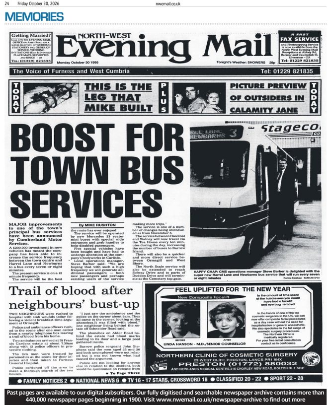Front page of the North West Evening Mail from Monday, October 30, 1995. Source: North West Evening Mail.