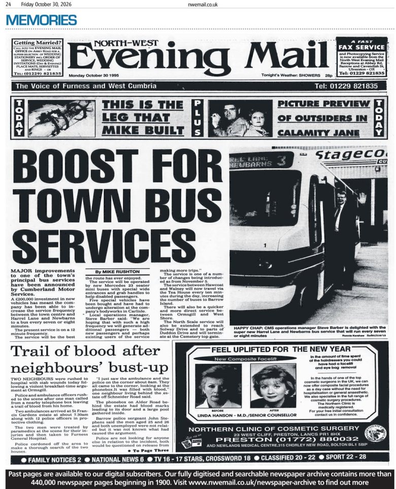 Front page of the North West Evening Mail from Monday, October 30, 1995. Source: North West Evening Mail.